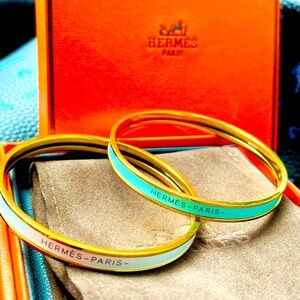 Hermes Teal and White, one size bangles.